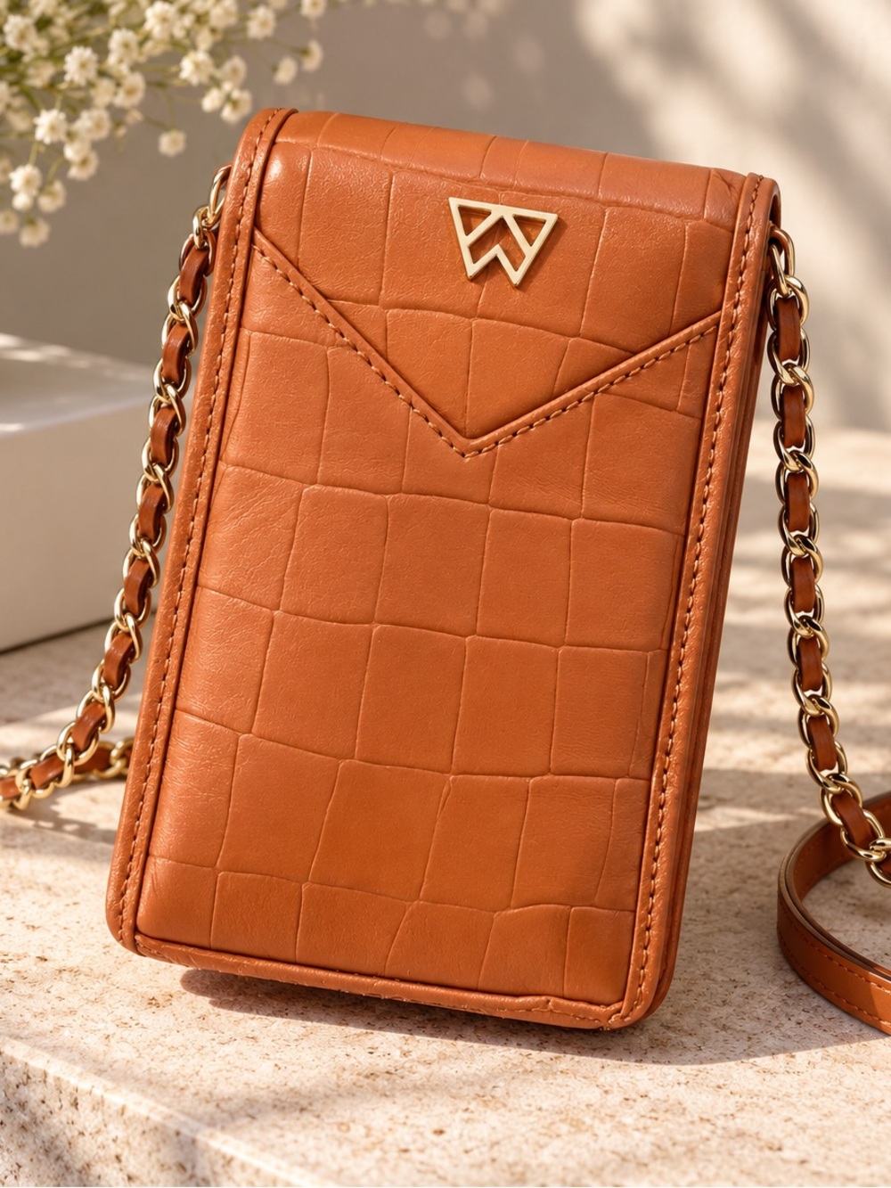 Structured Croc-Embossed Crossbody Phone Bag in Tan